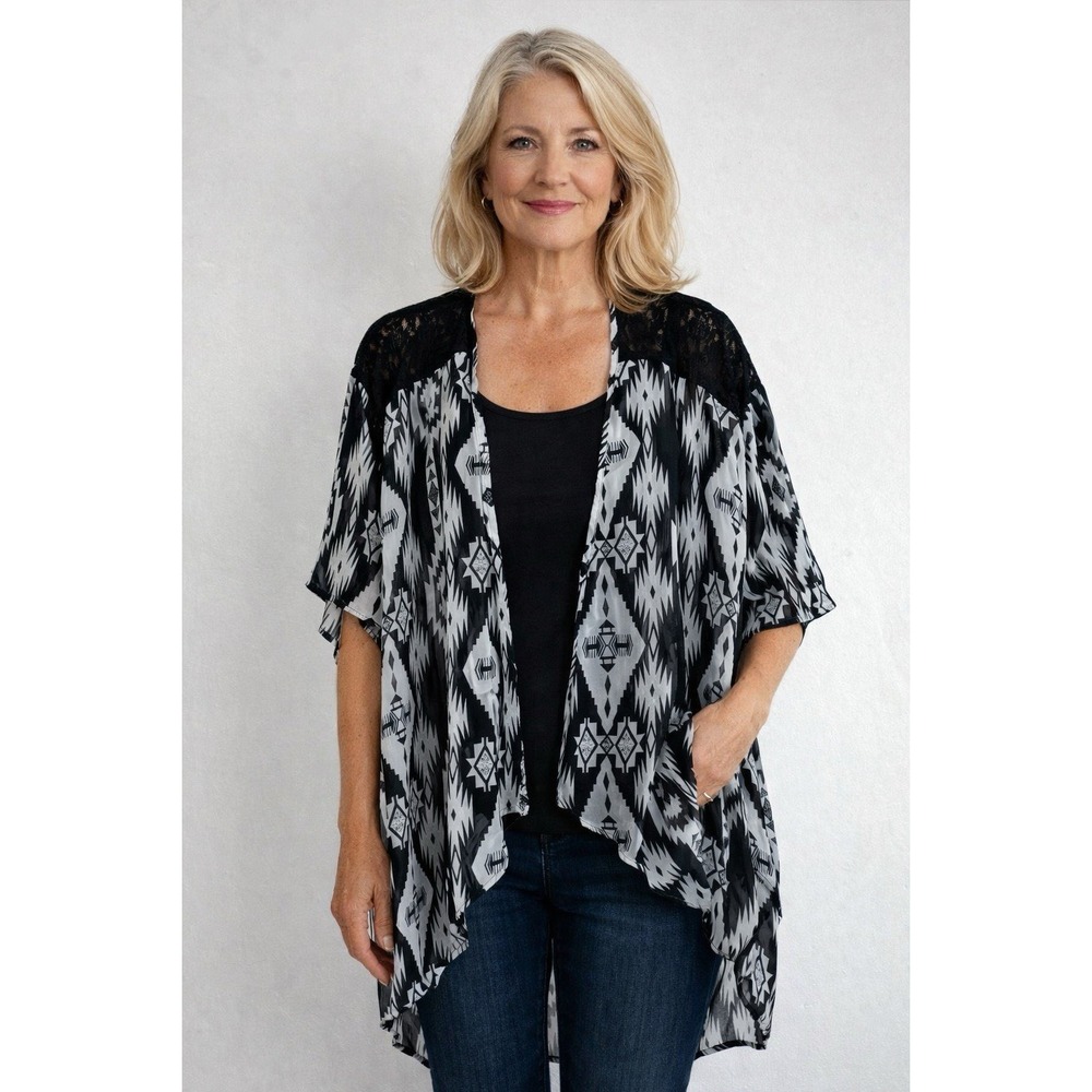 Happening In The Present Kimono MediumBlack White Aztec Sheer Lace Boho Festival